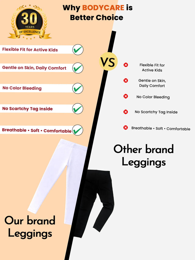 Comparison of kids leggings features, showing white and black leggings, benefits like flexible fit, gentle on skin, and breathable fabric.