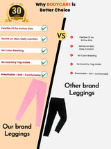 Comparison of pink and black kids leggings showing benefits like comfort, flexibility, and softness