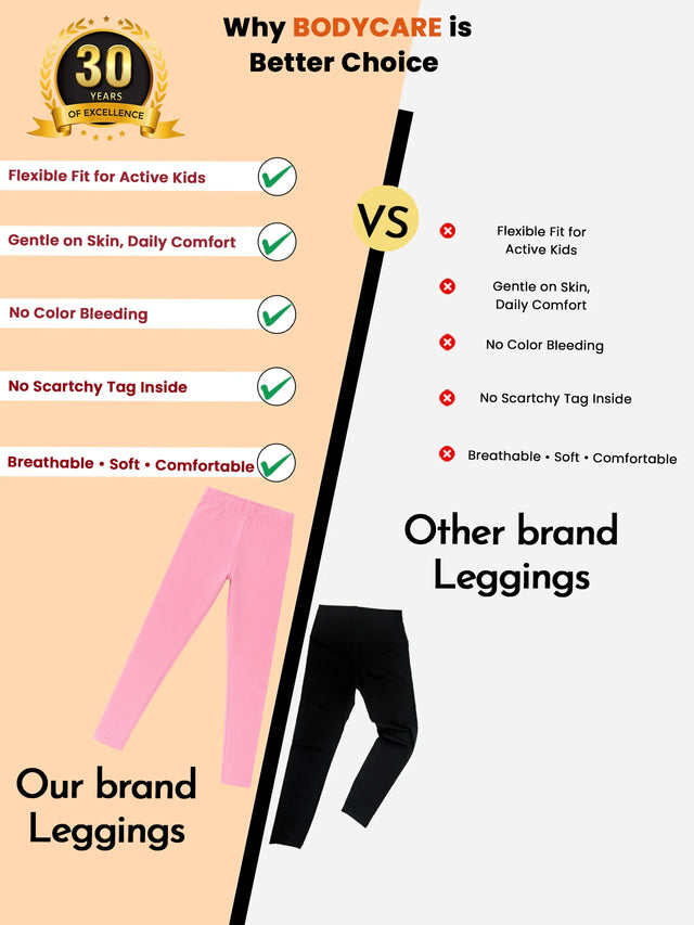 Comparison of pink and black kids leggings showing benefits like comfort, flexibility, and softness