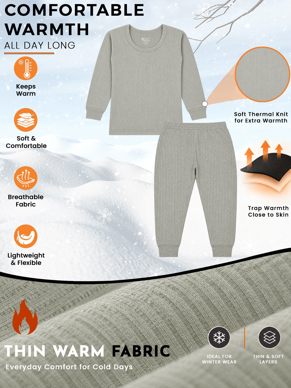 Unisex Kids Thermal Top Bottom Set for Winter Wear, Comfortable Base Layer Warmth and Everyday Cold Weather Use