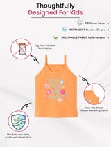 Orange kids camisole with 'free hugs and smiles' print, soft breathable cotton, non-slip straps