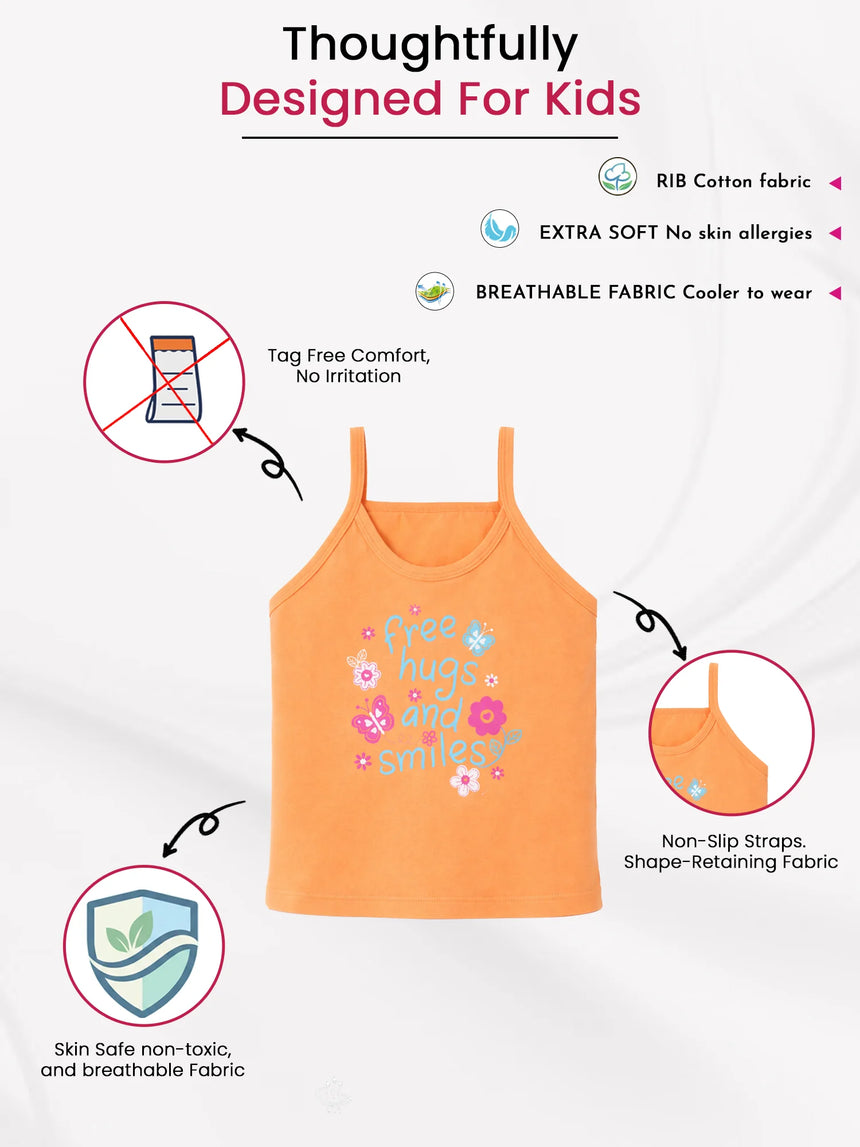 Orange kids camisole with 'free hugs and smiles' print, soft breathable cotton, non-slip straps
