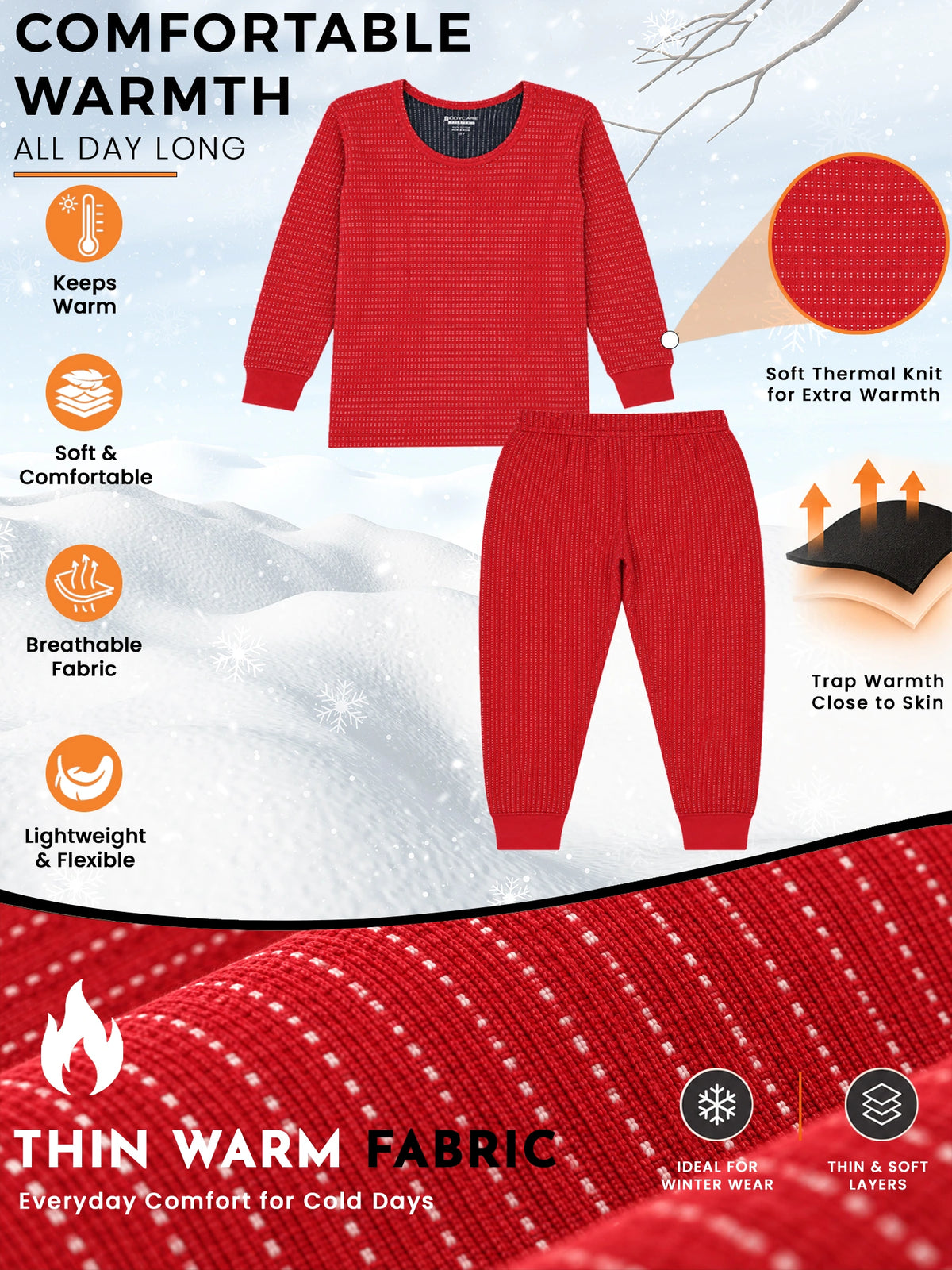 Unisex Kids Thermal Top and Bottom Set for Winter Comfort, Warm Base Layer Wear and Everyday Cold Weather Use