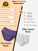 Comparison of kids striped purple panty with checklist, versus plain white panty, highlighting benefits like comfort, soft fabric, and no scratchy tags.