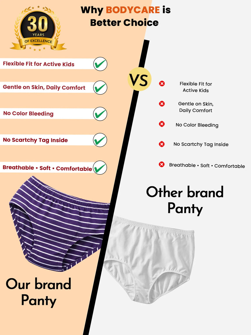 Comparison of kids striped purple panty with checklist, versus plain white panty, highlighting benefits like comfort, soft fabric, and no scratchy tags.