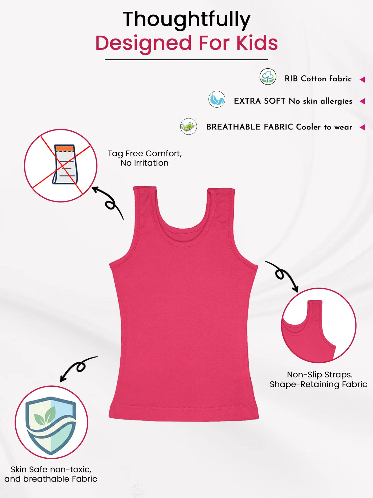 Girls Cotton Rib Vest Round Neck Sleeveless Pack of 6 - Bodycare
