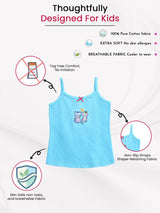 Blue kids' cotton camisole with cute cat print, tag-free, non-slip straps, extra soft fabric