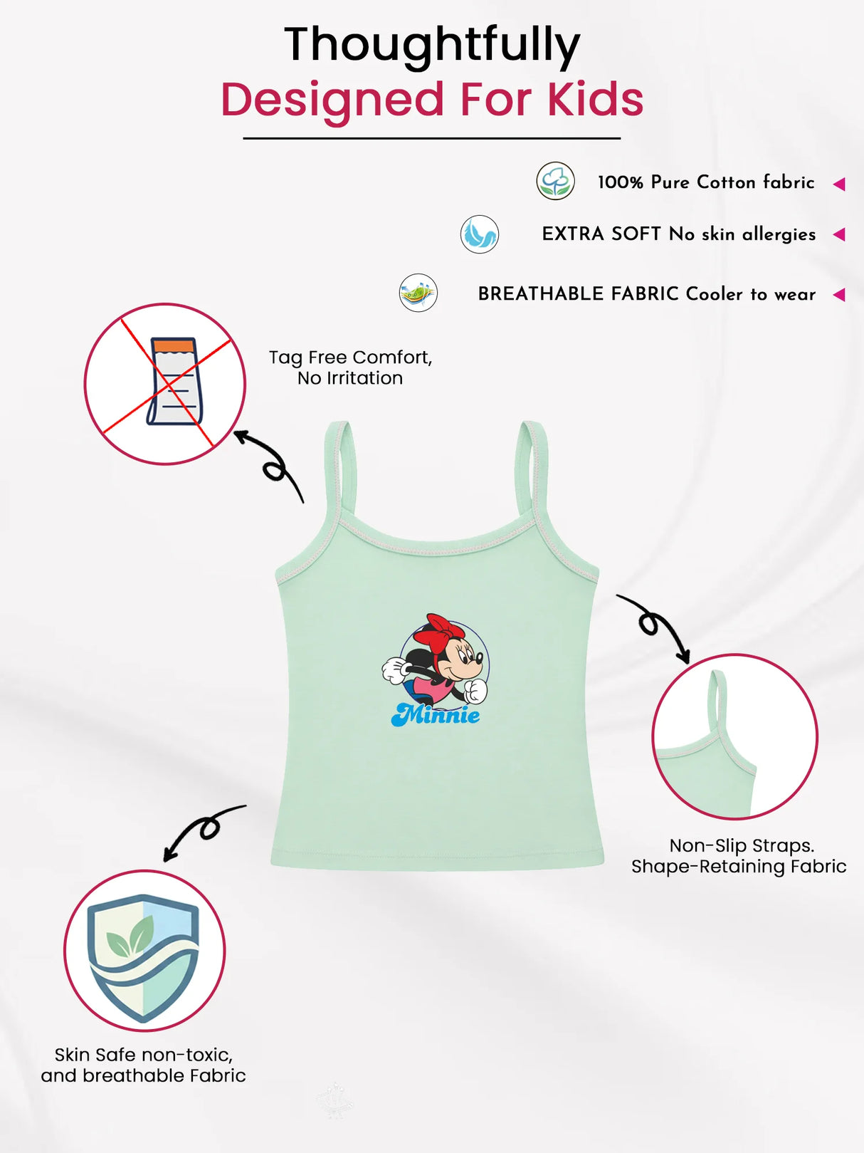 Girls Minnie & Friends Vest Dori Neck Sleeveless Pack of 4 - Bodycare