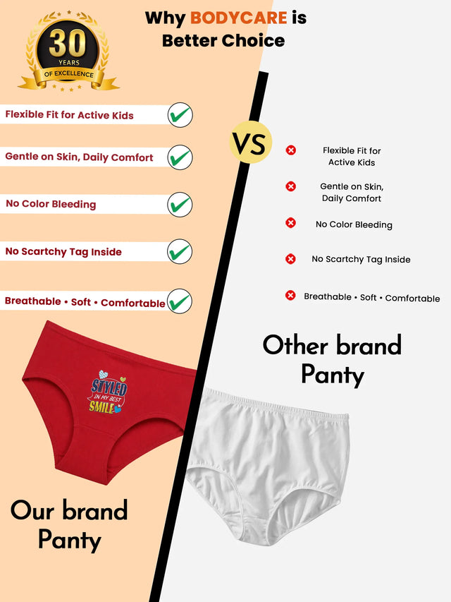 Comparison of kids' panties, highlighting features like flexible fit, comfort, no color bleeding, and tag-free design versus standard brand.