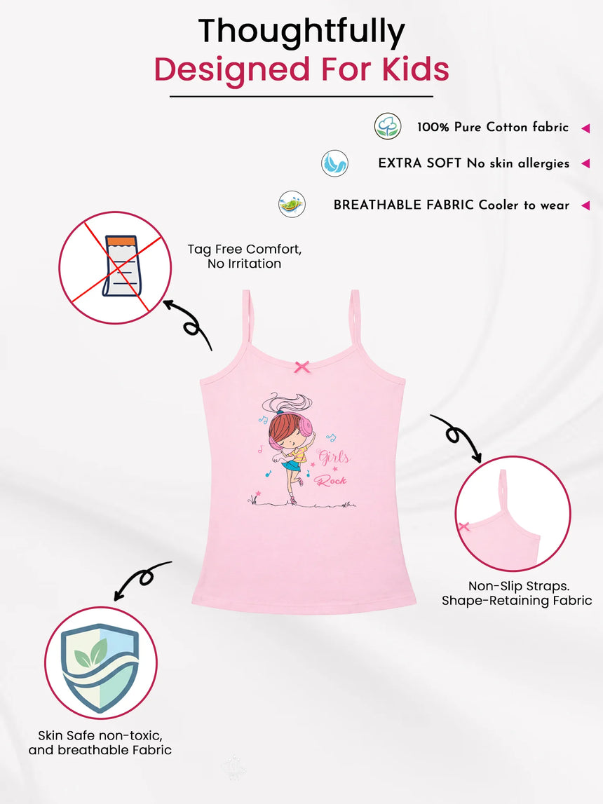 Pink girls cotton camisole with cartoon print, non-slip straps, tag-free, extra soft, breathable