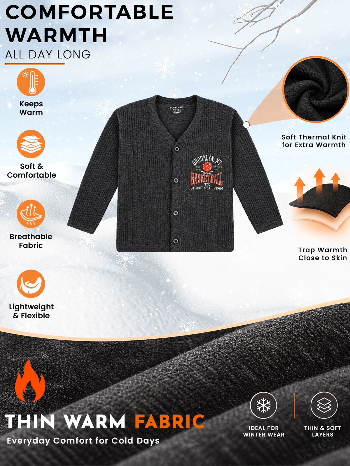 Unisex Front Open Thermal Top with Full Sleeves, Warm Innerwear Comfort and Practical Winter Essential - Pack of 1