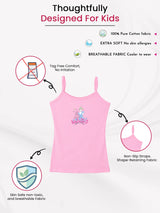 Pink girls' cotton camisole with cartoon print, tagless, soft breathable fabric, non-slip straps, safe for kids.