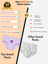 Comparison image of kids' innerwear panties, showing a lavender striped panty with a bear design versus a plain white panty, highlighting features like comfort, breathability, and no scratchy tag.
