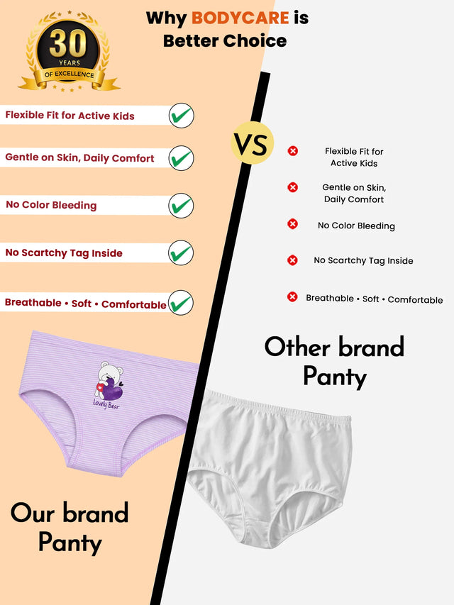 Comparison image of kids' innerwear panties, showing a lavender striped panty with a bear design versus a plain white panty, highlighting features like comfort, breathability, and no scratchy tag.
