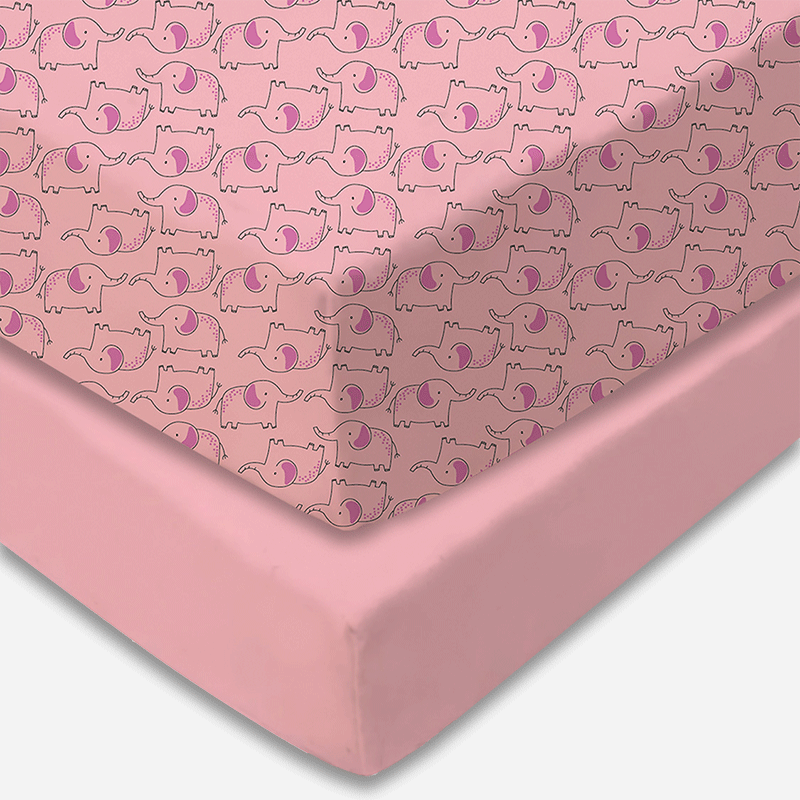 Bodycomfy 100% Cotton Hosiery Fitted Cot Sheet Pack of 2 - Solid Pink and Elephant Print