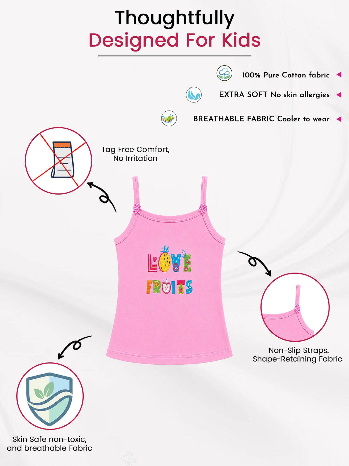 Girls 100% Cotton Printed Vest with Dori Neck and Sleeveless Regular Fit for Innerwear Comfort - Pack of 4