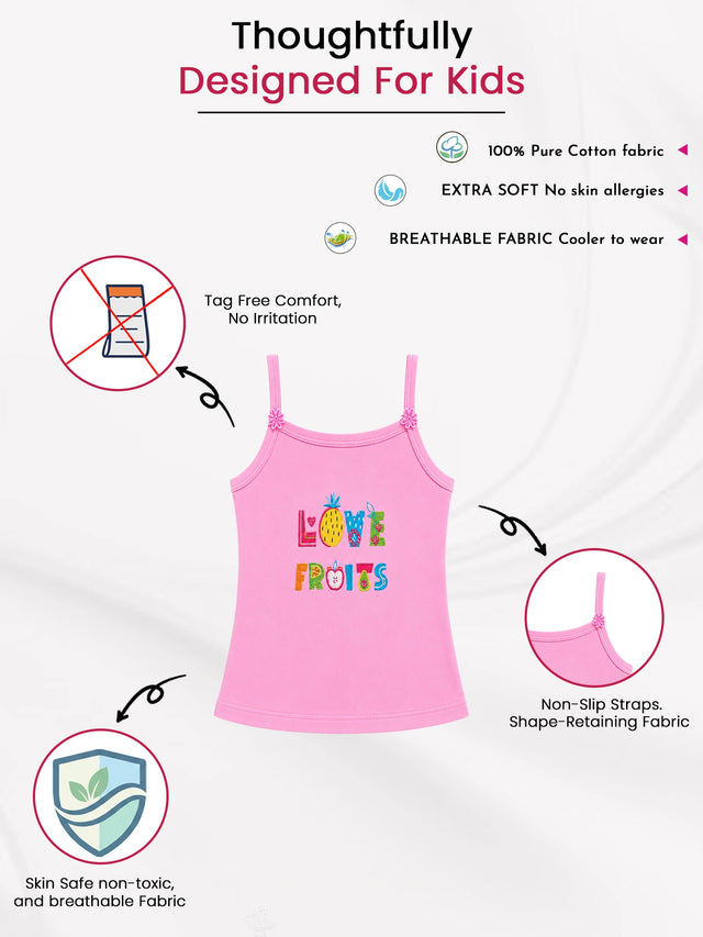 Girls 100% Cotton Printed Vest Camisole and Sleeveless Regular Fit for Innerwear Comfort - Pack of 4