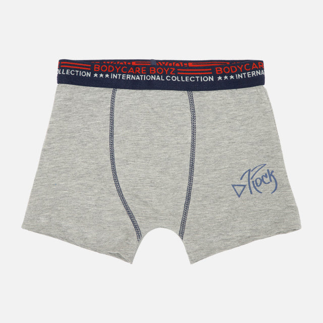 Grey boys' innerwear trunk with navy elastic waistband and blue contrast stitching