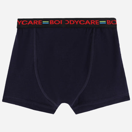 Navy blue kids boxer brief with black elastic waistband and colorful logo text