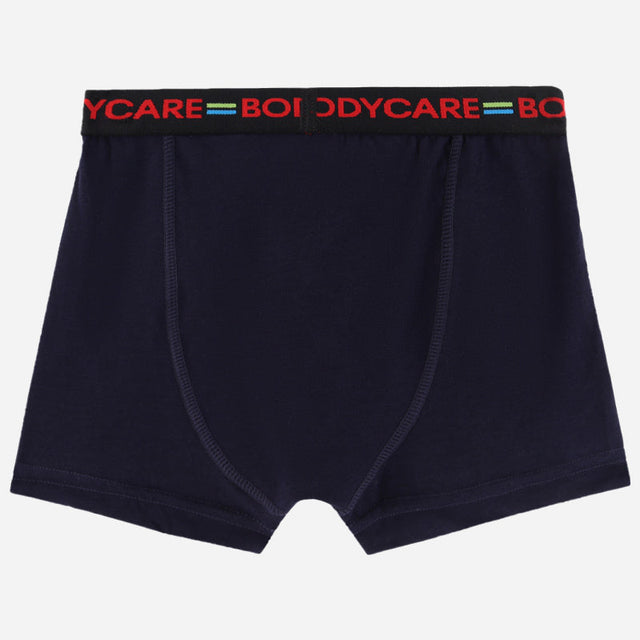 Navy blue kids boxer brief with black elastic waistband and colorful logo text