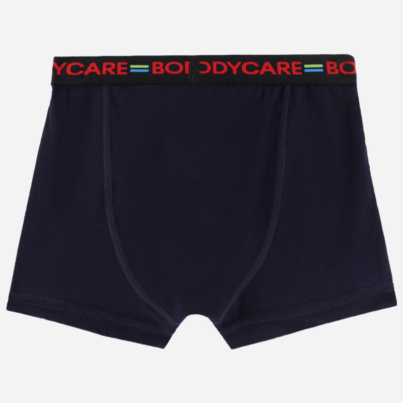 Navy blue kids boxer brief with black elastic waistband and colorful logo text