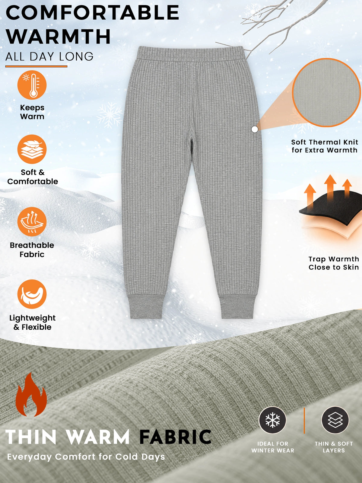 Unisex Antibacterial Thermal Bottom for Winter Innerwear Comfort, Warm Base Wear and Regular Cold-Weather Use - Pack of 2