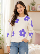 Girls Polyester Blend Round Neck Full Sleeves Sweater with Comfortable Winter Wear Styling for Regular Use
