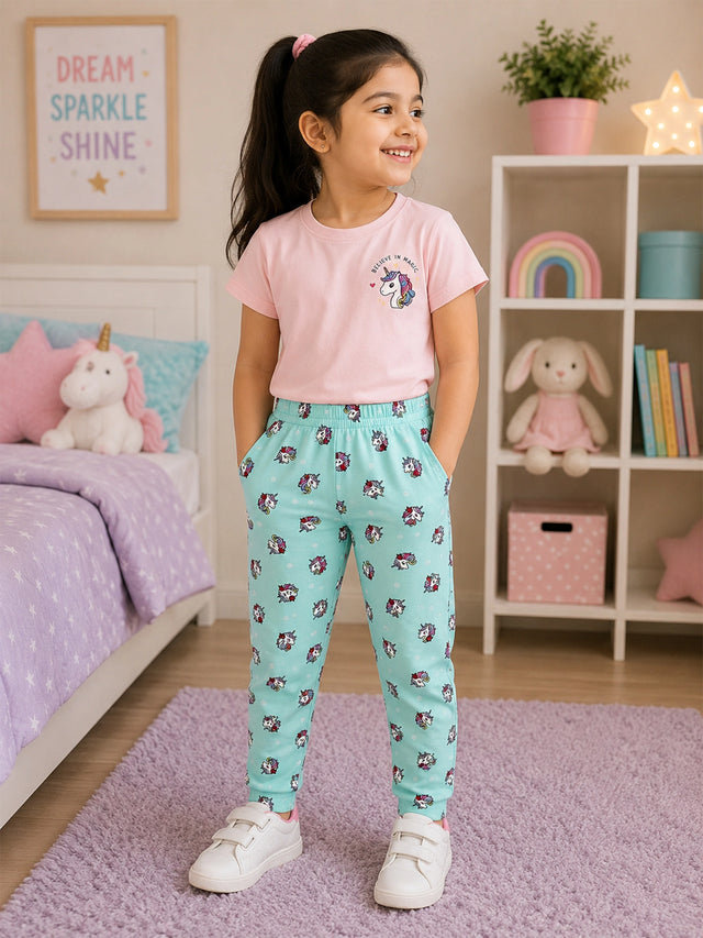 Girls 100% Cotton Printed Track Pant with Side Pockets and Regular Fit Jogger Styling for Comfortable Kids Activewear