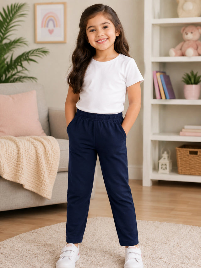 Girls 100% Cotton Solid Track Pant with Side Pockets and Regular Fit Jogger Styling for Comfortable Kids Activewear