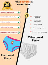 Comparison chart showing blue kids' panty with pink trim versus plain white panty, highlighting features like flexible fit, soft breathable fabric, and comfort for active kids.