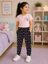 Girls 100% Cotton Printed Track Pant with Side Pockets and Regular Fit Jogger Styling for Comfortable Kids Activewear