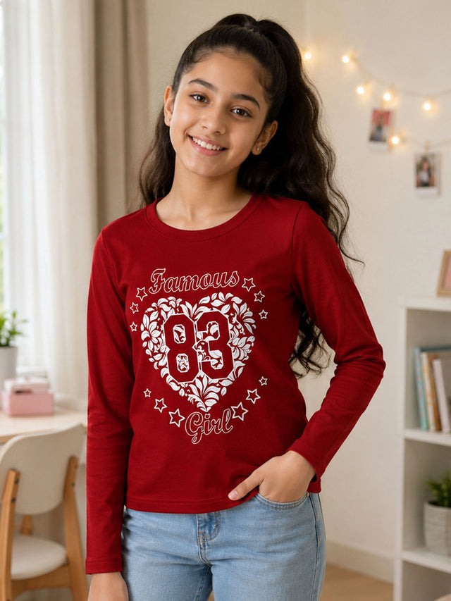 Girls Round Neck Full Sleeves Printed T-Shirt with Casual Styling, Easy Movement and Comfortable Regular Wear Appeal