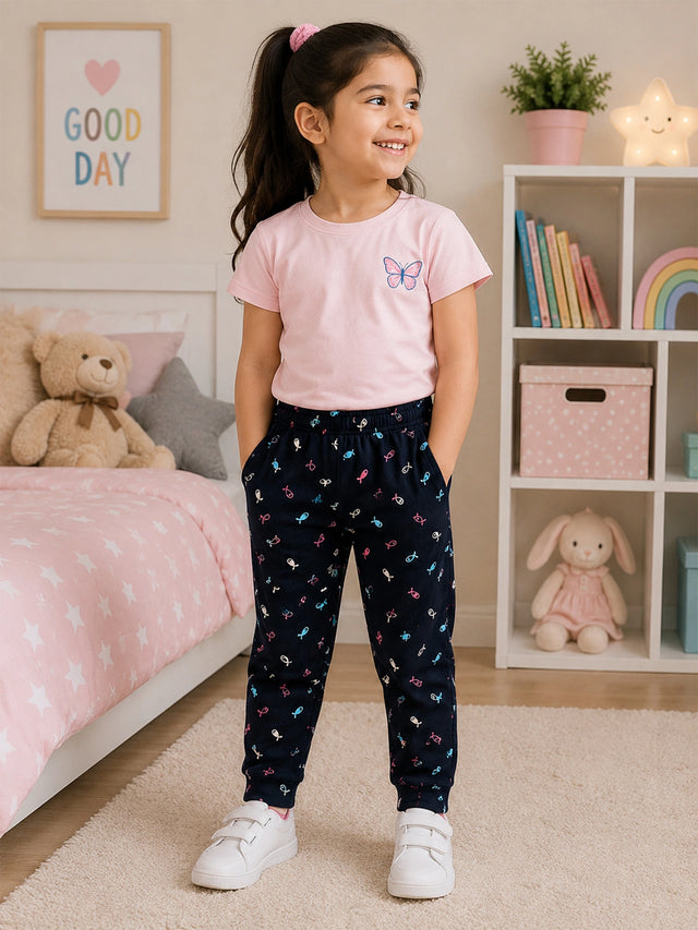 Girls 100% Cotton Printed Track Pant with Side Pockets and Regular Fit Jogger Styling for Comfortable Kids Activewear