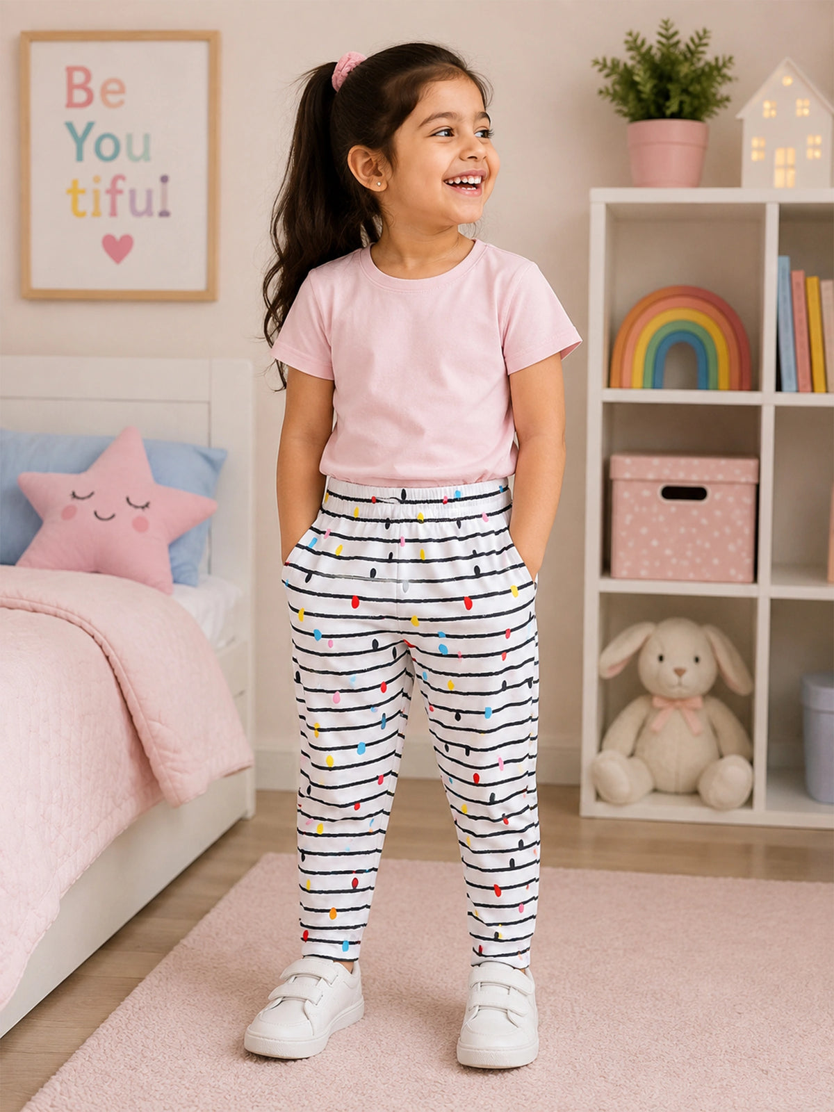 Girls 100% Cotton Printed Track Pant with Side Pockets and Regular Fit Jogger Styling for Comfortable Kids Activewear