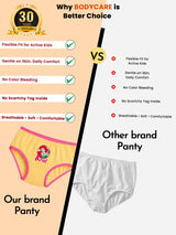 Comparison of yellow girls' cartoon print panty with white plain panty, highlighting comfort, softness and breathability features.