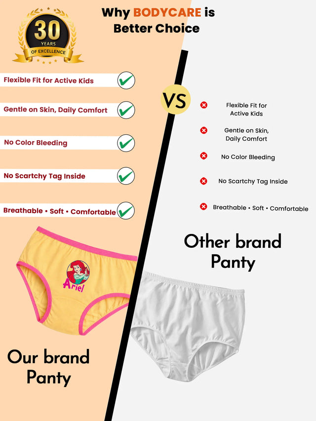 Comparison of yellow girls' cartoon print panty with white plain panty, highlighting comfort, softness and breathability features.