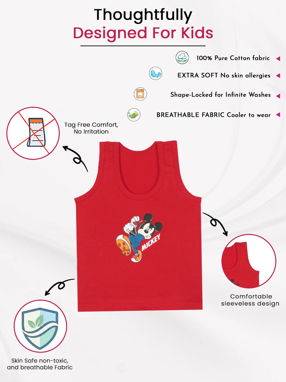 Boys Mickey & Friends Innerwear Vest 100% Cotton Skin Friendly Lightweight Round Neck Sleeveless for Everyday Comfort - Pack of 3