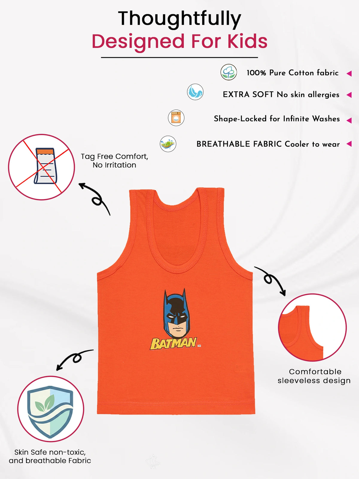 Boys Justice League 100% Cotton Sleeveless Vest with Lightweight Skin Friendly Everyday Innerwear Comfort - Pack of 3