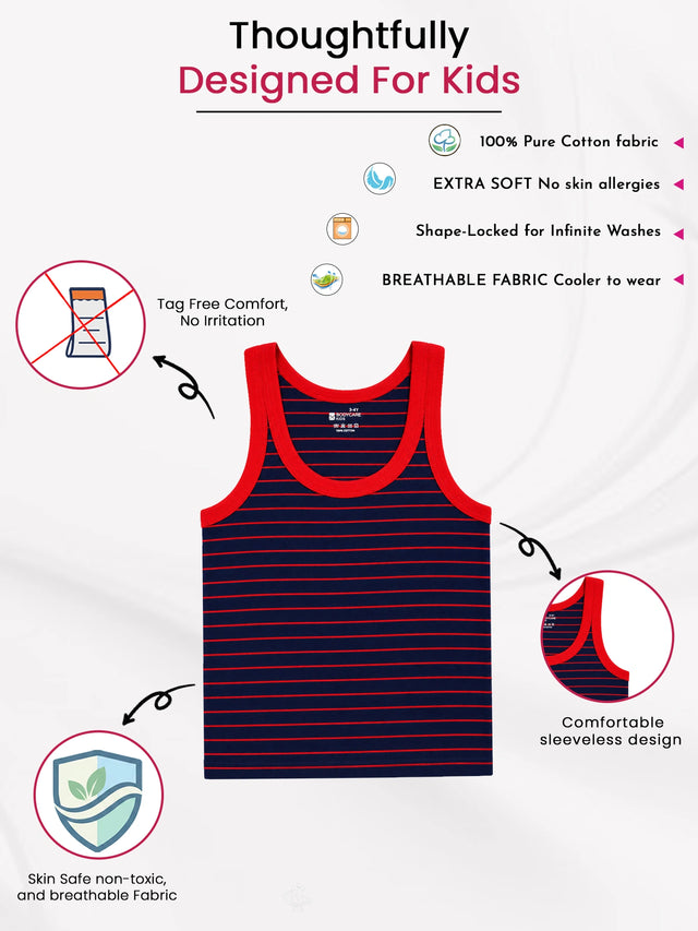 Boys Striped Round Neck Sleeveless Innerwear Vest for Everyday Comfort, Easy Layering and Wardrobe Essentials - Pack of 3