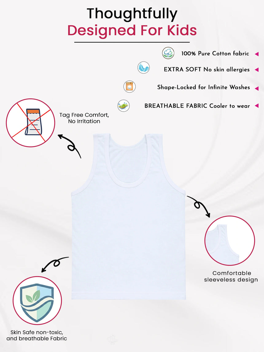 Boys 100% Cotton Vest Round Neck Sleeveless Pack of 6 - Bodycare