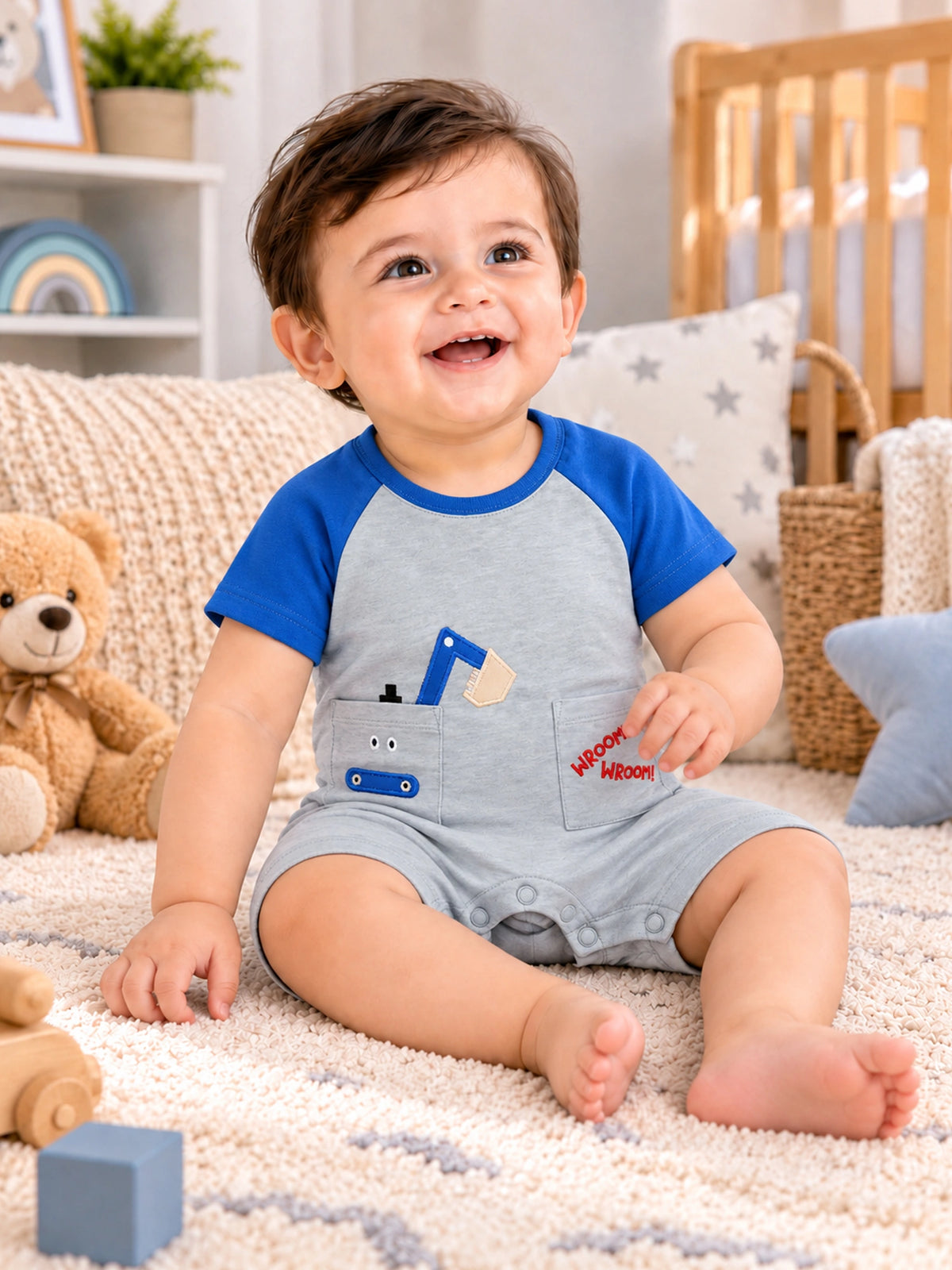 Baby Boys 100% Cotton Half Sleeve Romper with Round Neck, Onesie Styling and Comfortable Baby Sleepsuit Use
