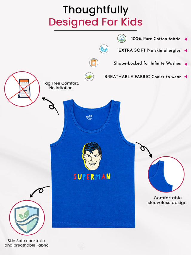 Boys 100% Cotton Round Neck Vest with Regular Fit for Comfortable Everyday Innerwear Use - Pack of 2