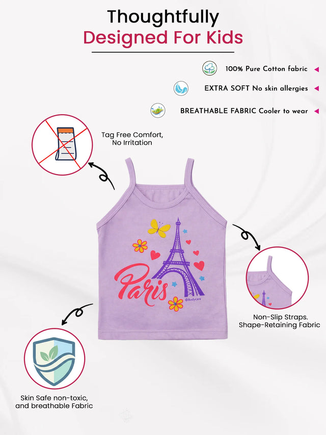 Purple kids cotton camisole with Eiffel Tower Paris print, breathable, non-slip straps, skin-safe fabric.
