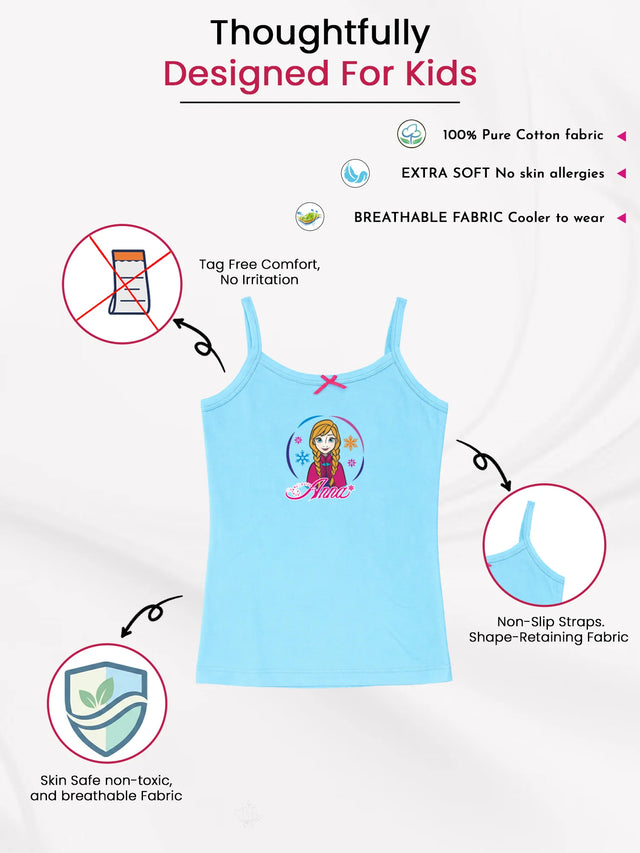 Light blue kids cotton camisole with cartoon print, non-slip straps, breathable, soft fabric