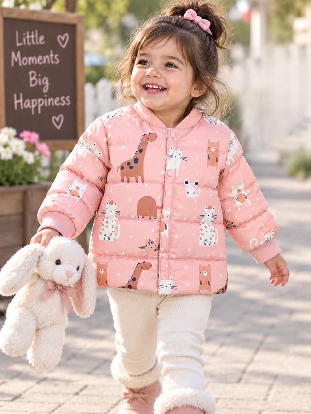 Baby Girls Polyester Quilted V-Neck Winter Jacket with Full Sleeves and Comfortable Outerwear Styling