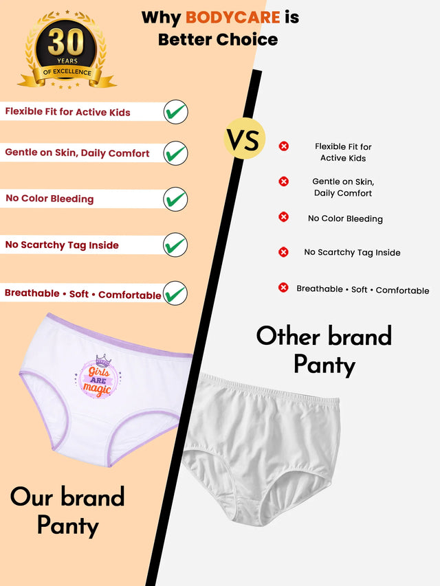 Comparison chart showing benefits of girls' panties for kids—flexible fit, gentle on skin, no color bleeding, scratch-free tags, breathable and comfortable, with an image of a white panty with purple trim versus a plain white panty.