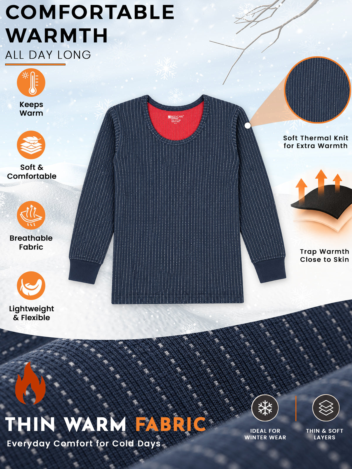 Unisex Antibacterial Thermal Top with Round Neck and Full Sleeves for Winter Base Layering and Cold-Weather Comfort