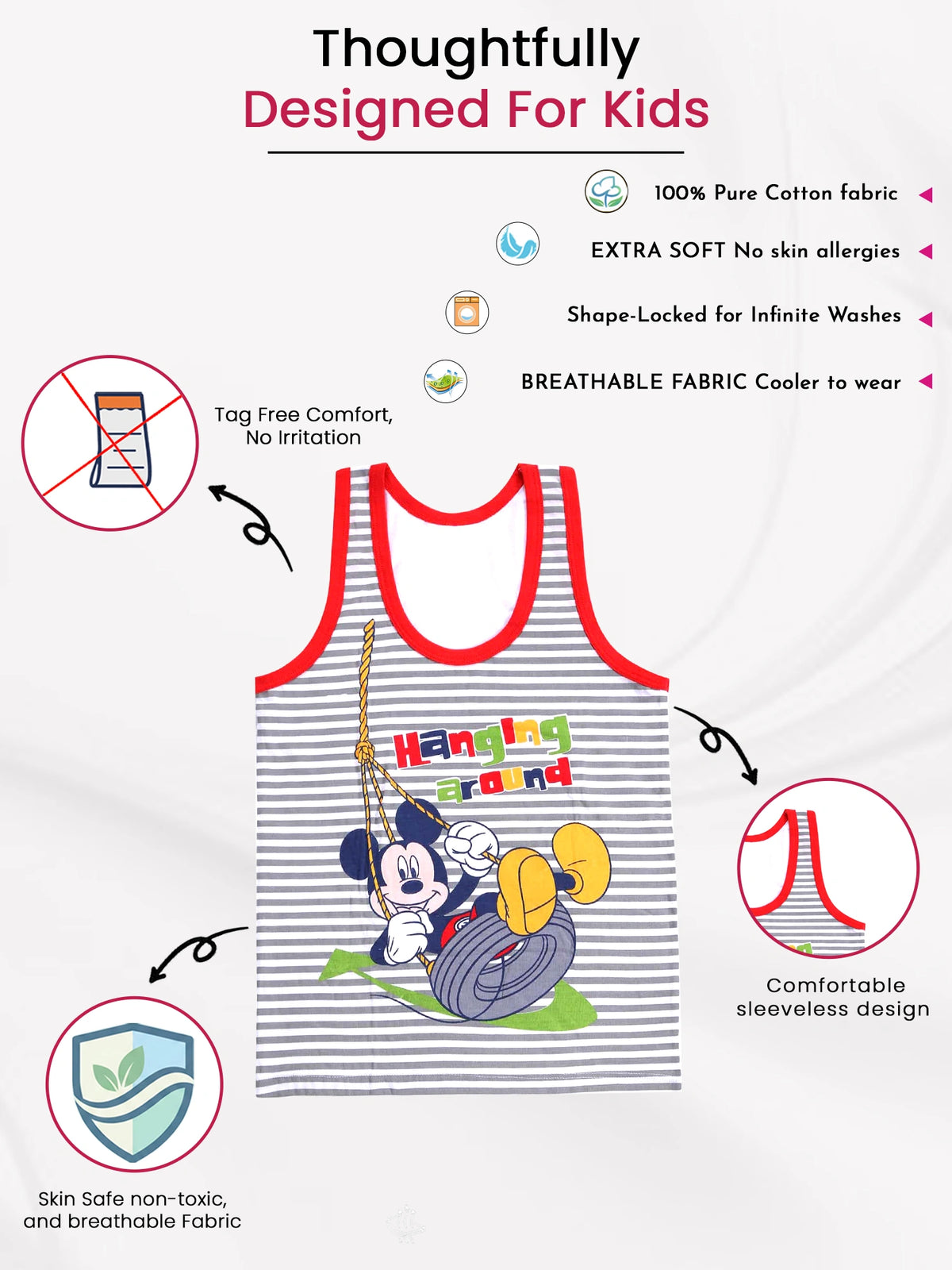 Boys Mickey & Friends Printed Innerwear Vest 100% Cotton Skin Friendly Lightweight Sleeveless for Everyday Comfort - Pack of 3
