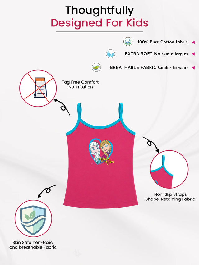 Girls Frozen Printed Vest 100% Cotton Sleeveless Innerwear Camisole for Lightweight Comfort and Daily Use - Pack of 3