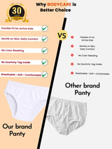 Comparison chart of kids' innerwear panties, highlighting comfort, flexibility, and fabric quality between two brands with images of each product.
